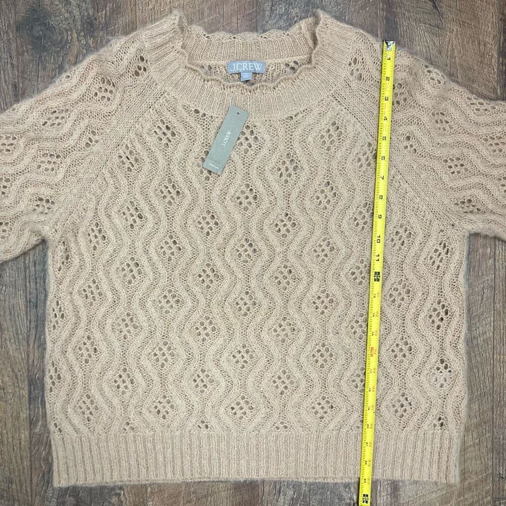 J Crew Women’s Pointelle Scallop Trim Sweater Beige Tan Crochet Eyelet Alpaca XL - Picture 6 of 8